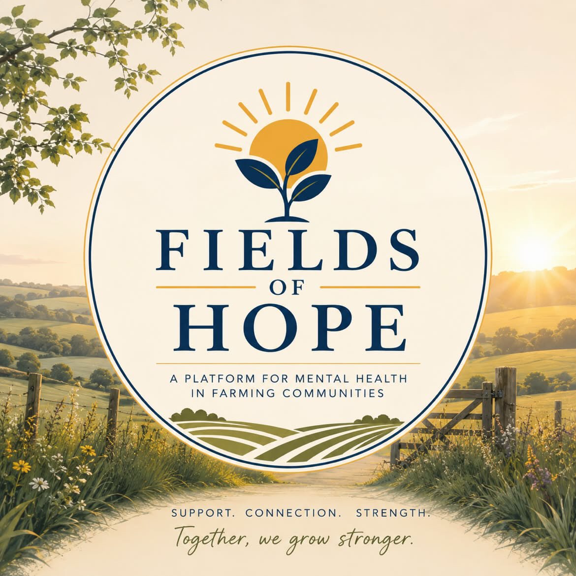 Fields of Hope artwork over a sunlit farming landscape